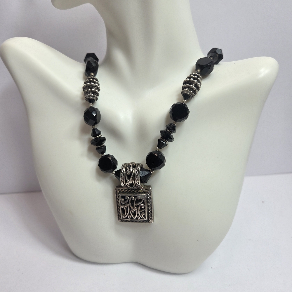 vtg mexico ati black quartz heavy beaded necklace sterling silver heart pendant